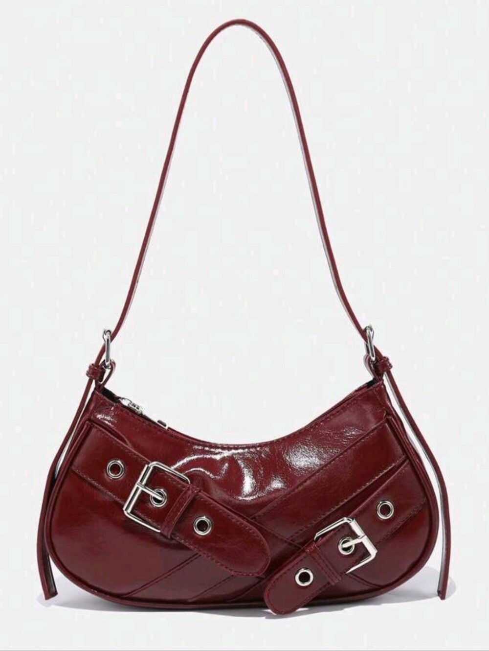 1pc Vintage Burgundy Patent Leather Y2K Gothic Style Rivet Decorated Shoulder Ba